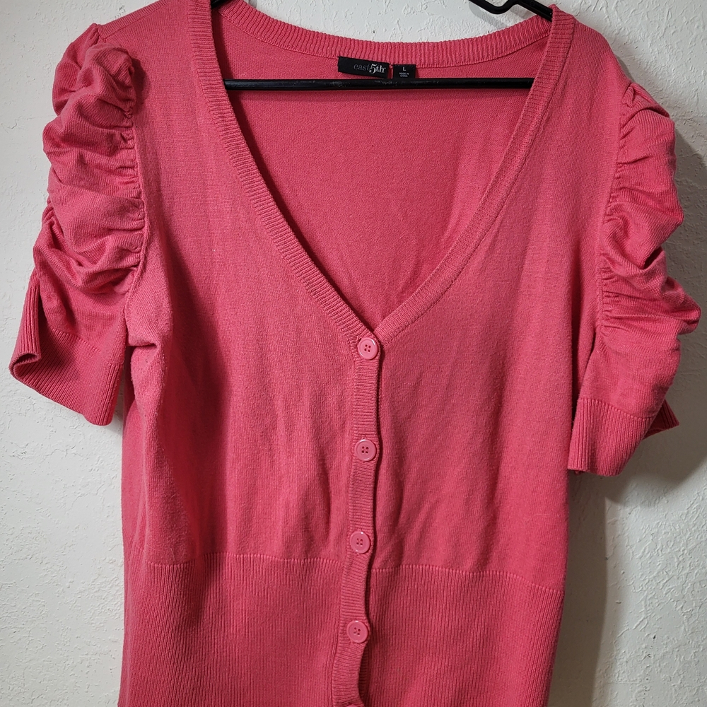 East 5th Pink V-Neck Half Button Sweater with Ruffled Sleeves